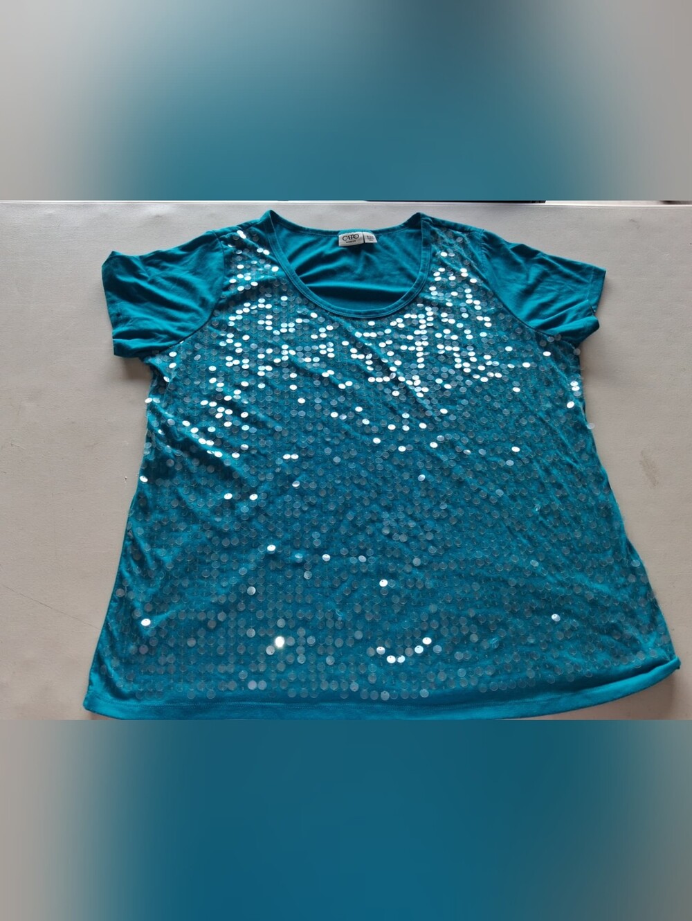 Cato Teal Sequin Short-Sleeve Scoop Neck Top